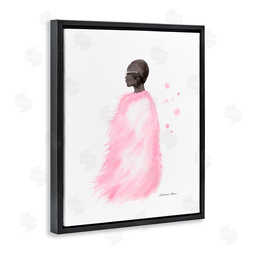 Simone Elum Pink Fur Coat Portrait Black Floating Frame Canvas Wall Art Print