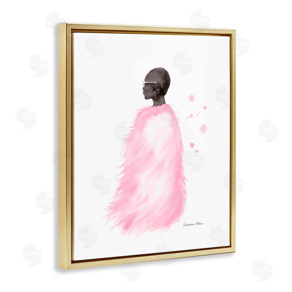 Simone Elum Pink Fur Coat Portrait Gold Floating Frame Canvas Wall Art Print