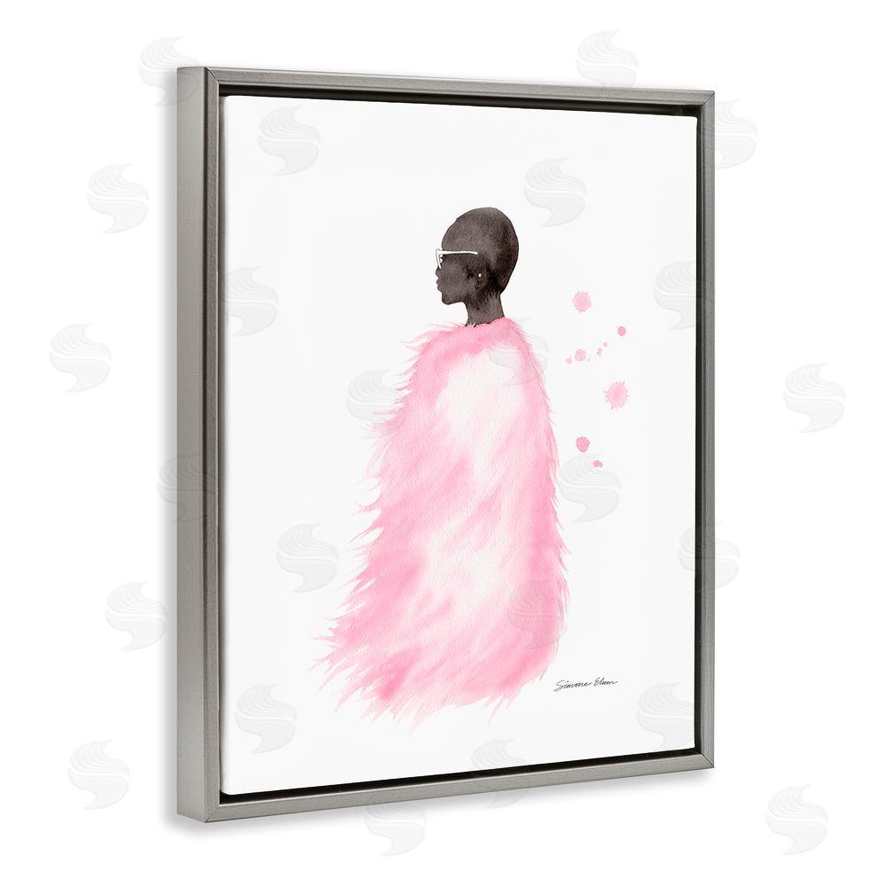 Simone Elum Pink Fur Coat Portrait Gray Floating Frame Canvas Wall Art Print