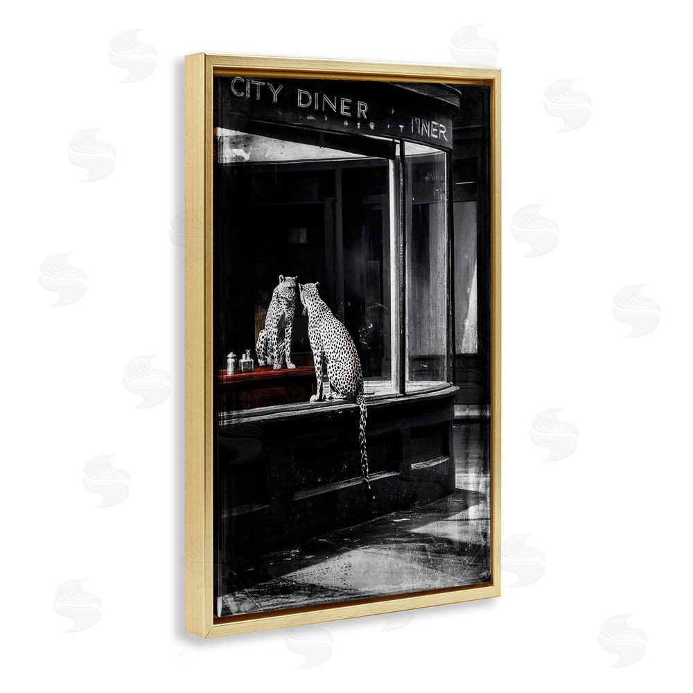 Annabelle Hall Diner Noir Leopard Reflection Gold Floating Frame Canvas Wall Art Print