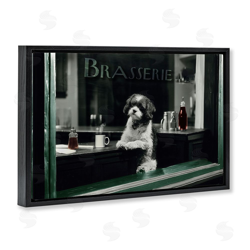 Annabelle Hall Brasserie Vintage Dog in Window Black Floating Frame Canvas Wall Art Print