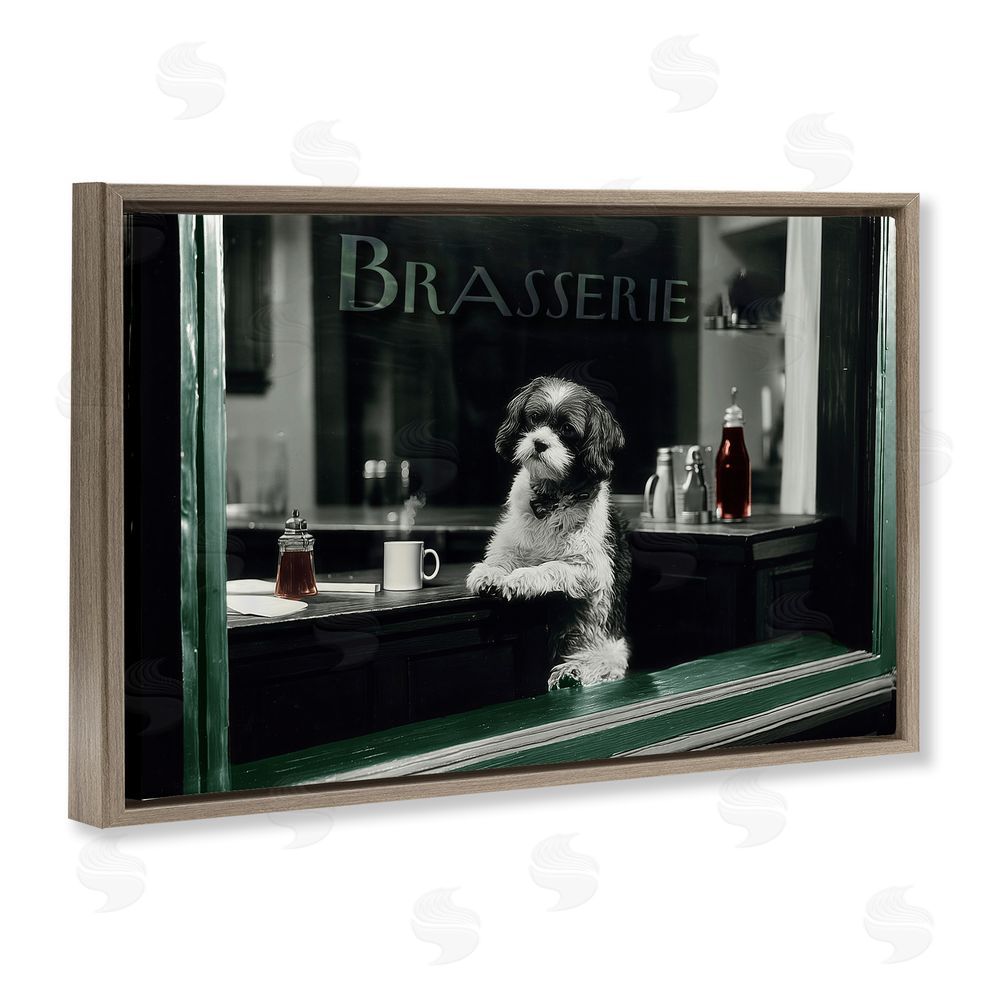 Annabelle Hall Brasserie Vintage Dog in Window Brown Floating Frame Canvas Wall Art Print