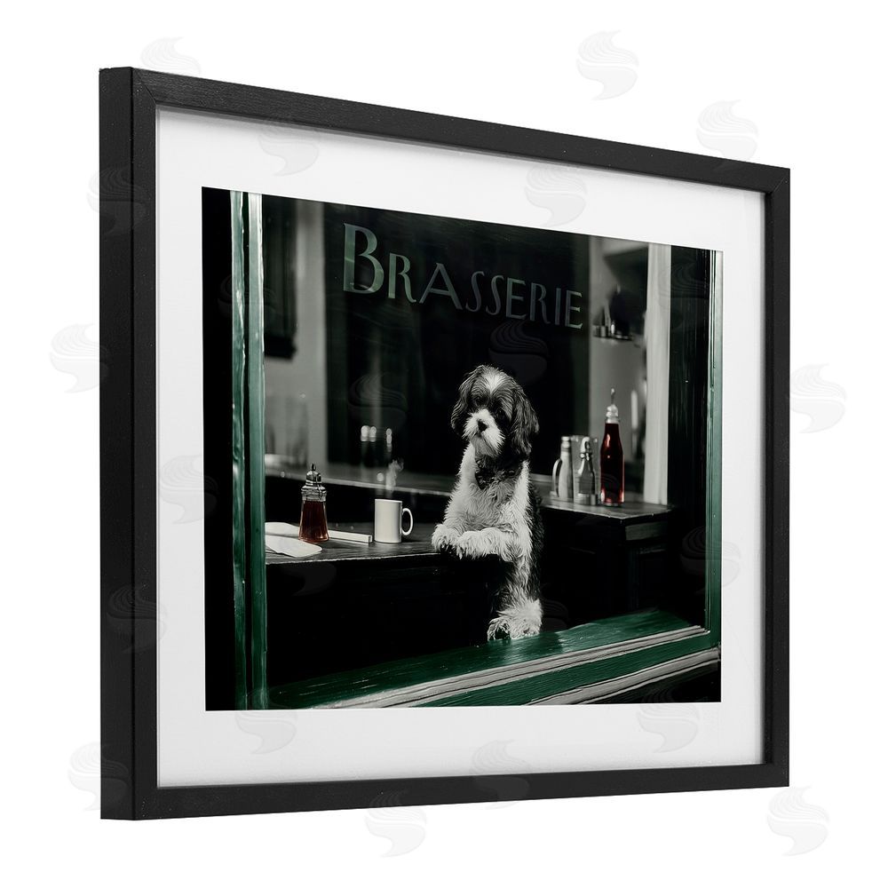 Annabelle Hall Brasserie Vintage Dog in Window Black Framed Print Under Glass Wall Art