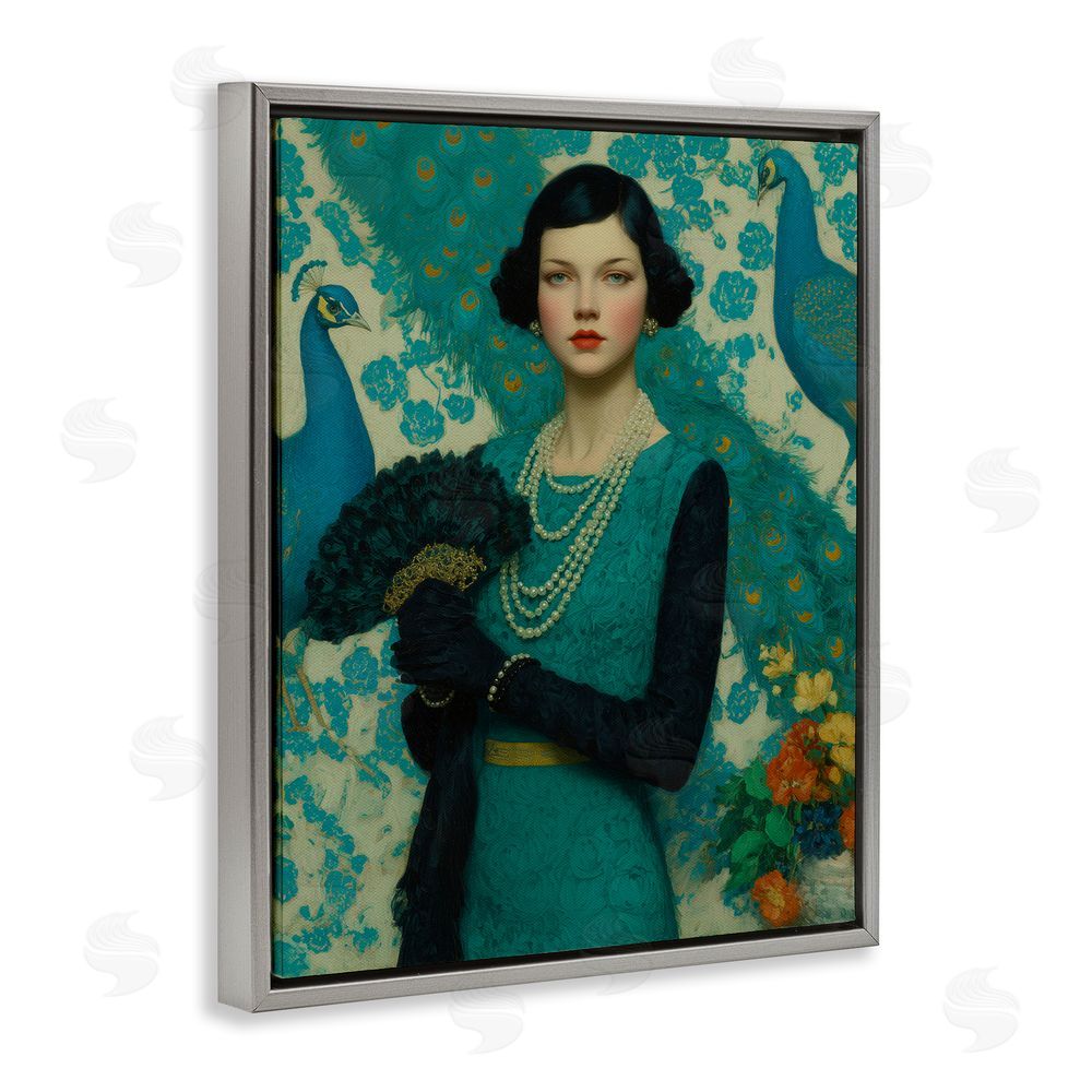 A Barefoot Stylist Vintage Peacock Poise Gray Floating Frame Canvas Wall Art Print