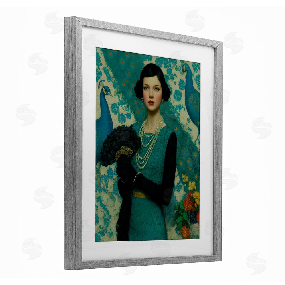 A Barefoot Stylist Vintage Peacock Poise Gray Framed Print Under Glass Wall Art