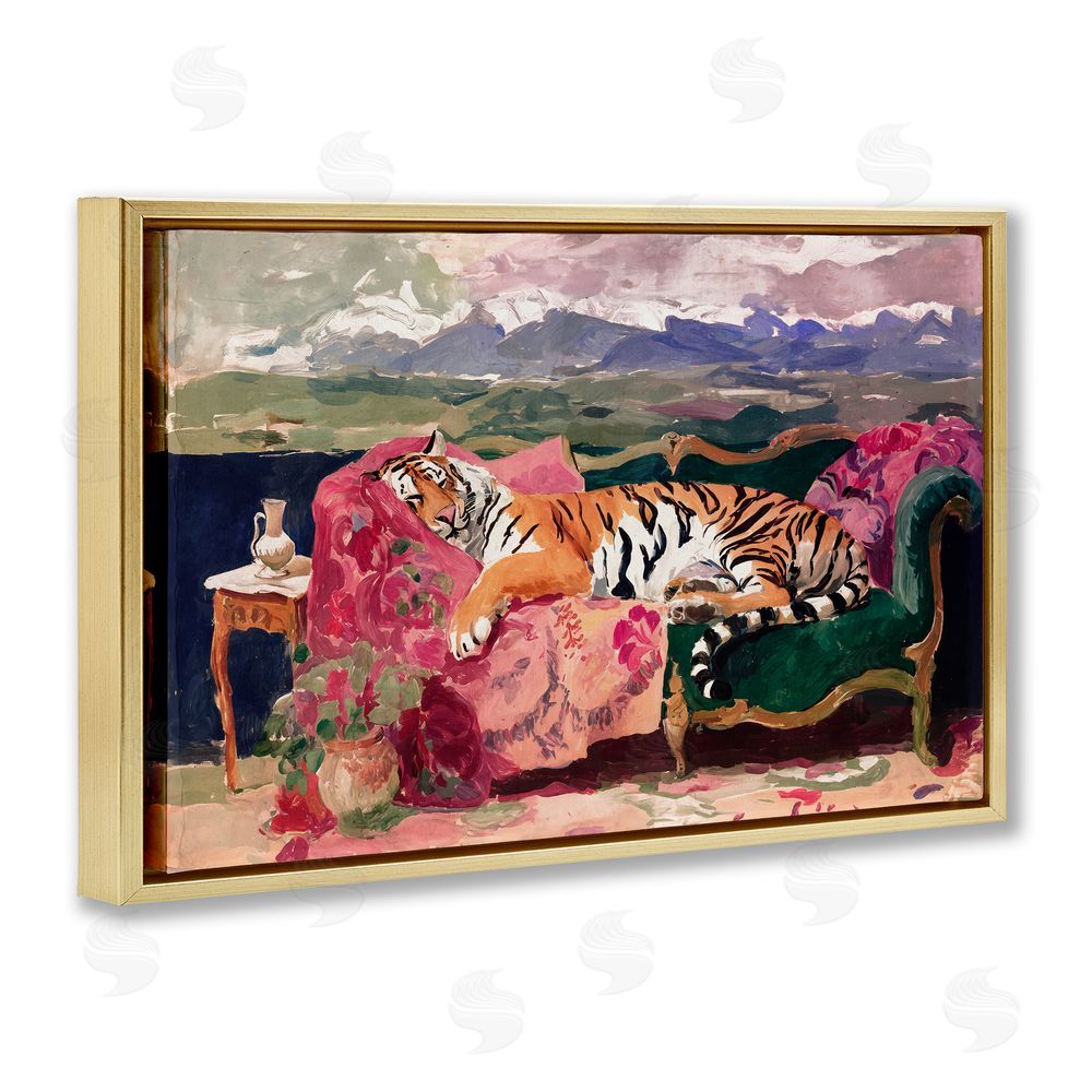 Annabelle Hall Velvet Lair Tiger Resting Gold Floating Frame Canvas Wall Art Print