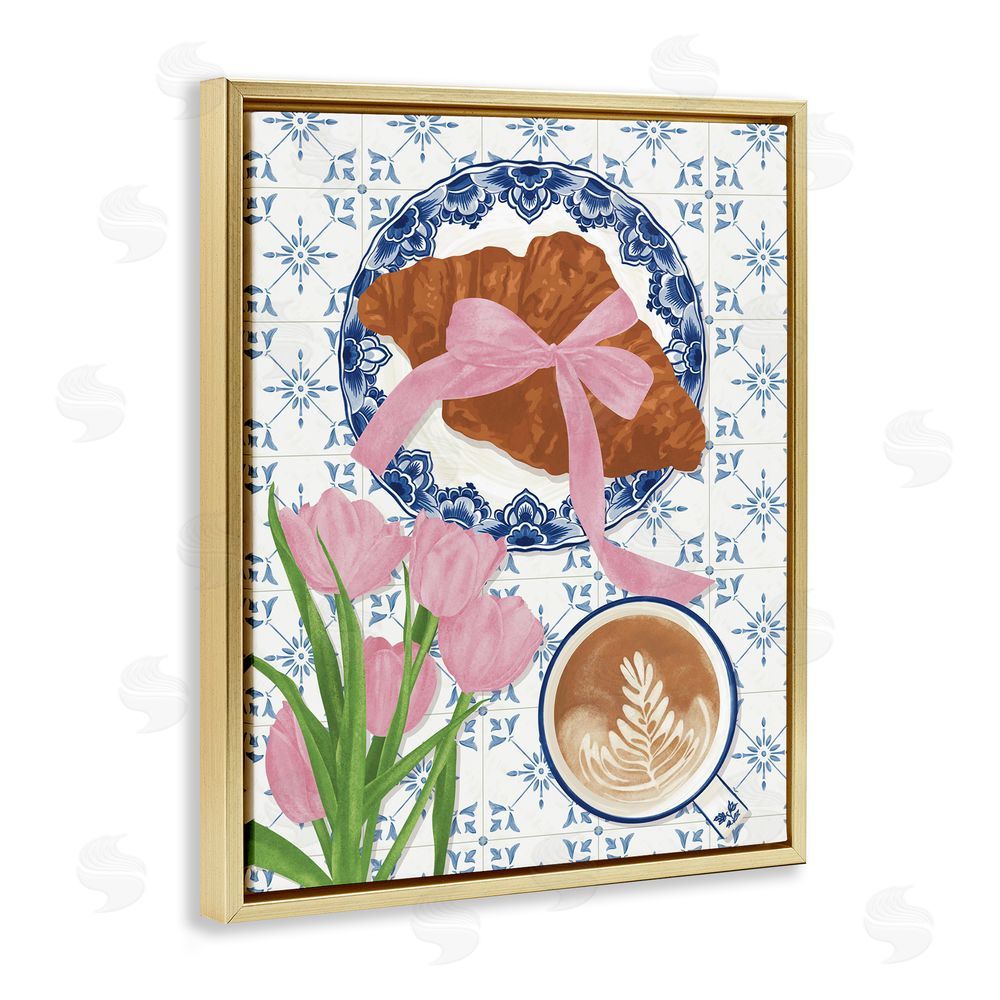 Veronica Lara Coquette Croissant & Cappuccino Gold Floating Frame Canvas Wall Art Print