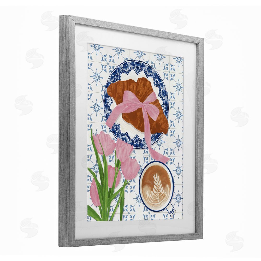 Veronica Lara Coquette Croissant & Cappuccino Gray Framed Print Under Glass Wall Art