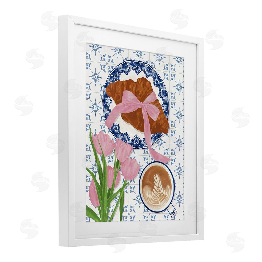 Veronica Lara Coquette Croissant & Cappuccino White Framed Print Under Glass Wall Art