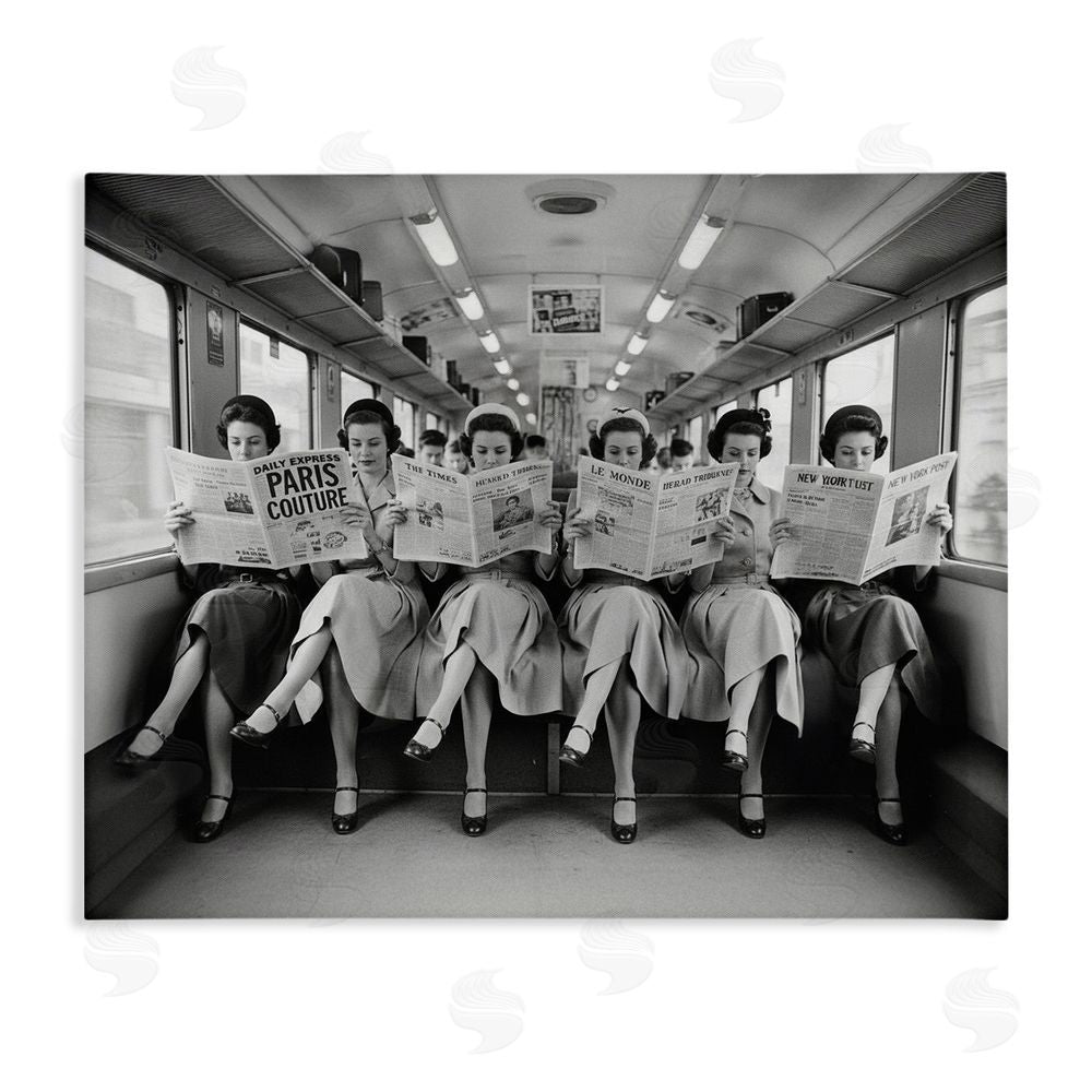 A Barefoot Stylist Newsprint Ladies on Train Stretched Canvas Wall Art