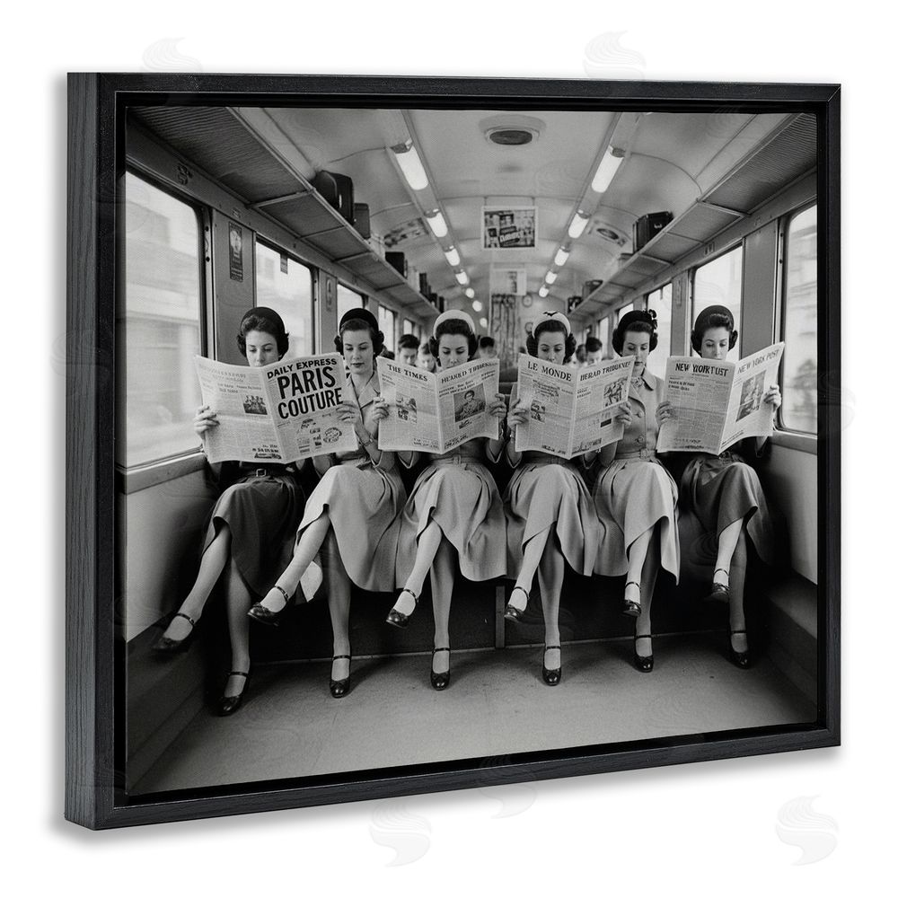 A Barefoot Stylist Newsprint Ladies on Train Black Floating Frame Canvas Wall Art Print