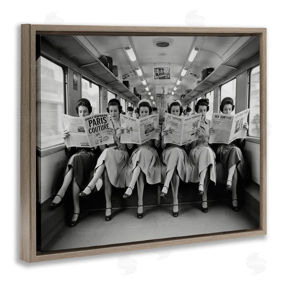 A Barefoot Stylist Newsprint Ladies on Train Brown Floating Frame Canvas Wall Art Print