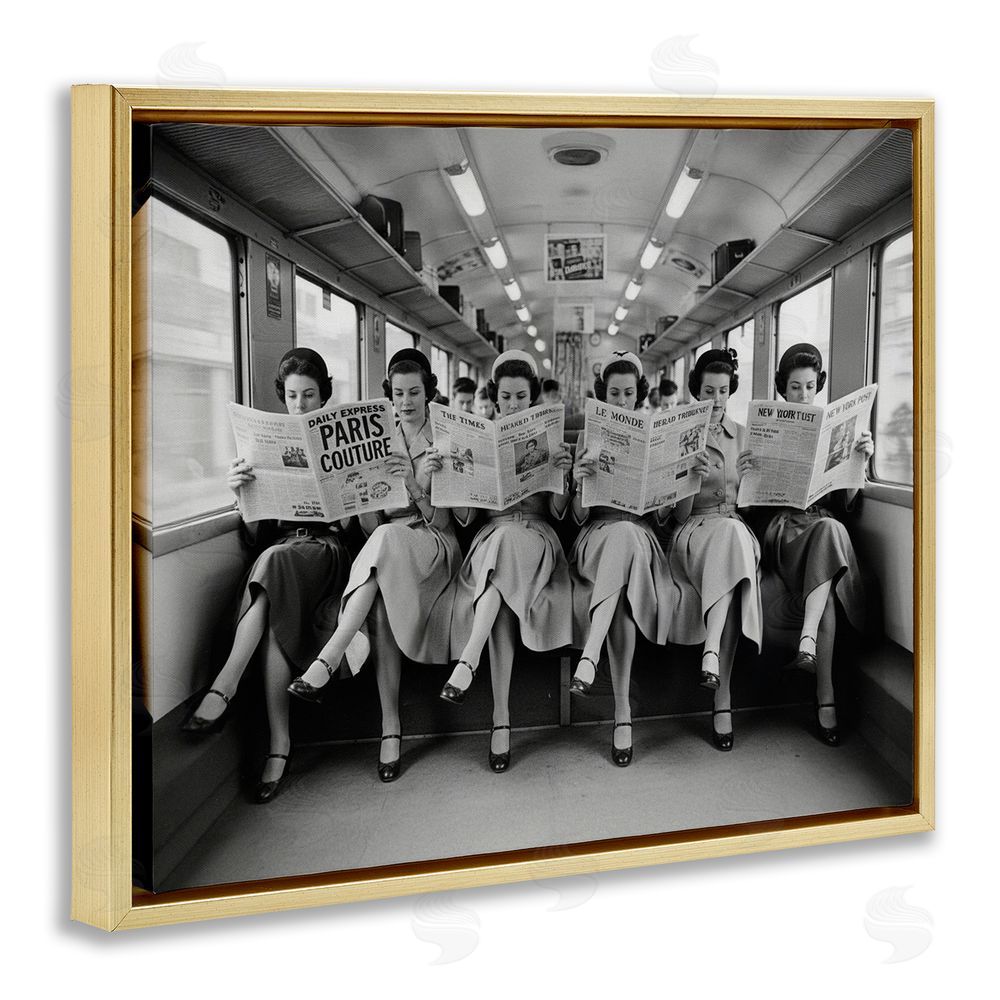 A Barefoot Stylist Newsprint Ladies on Train Gold Floating Frame Canvas Wall Art Print