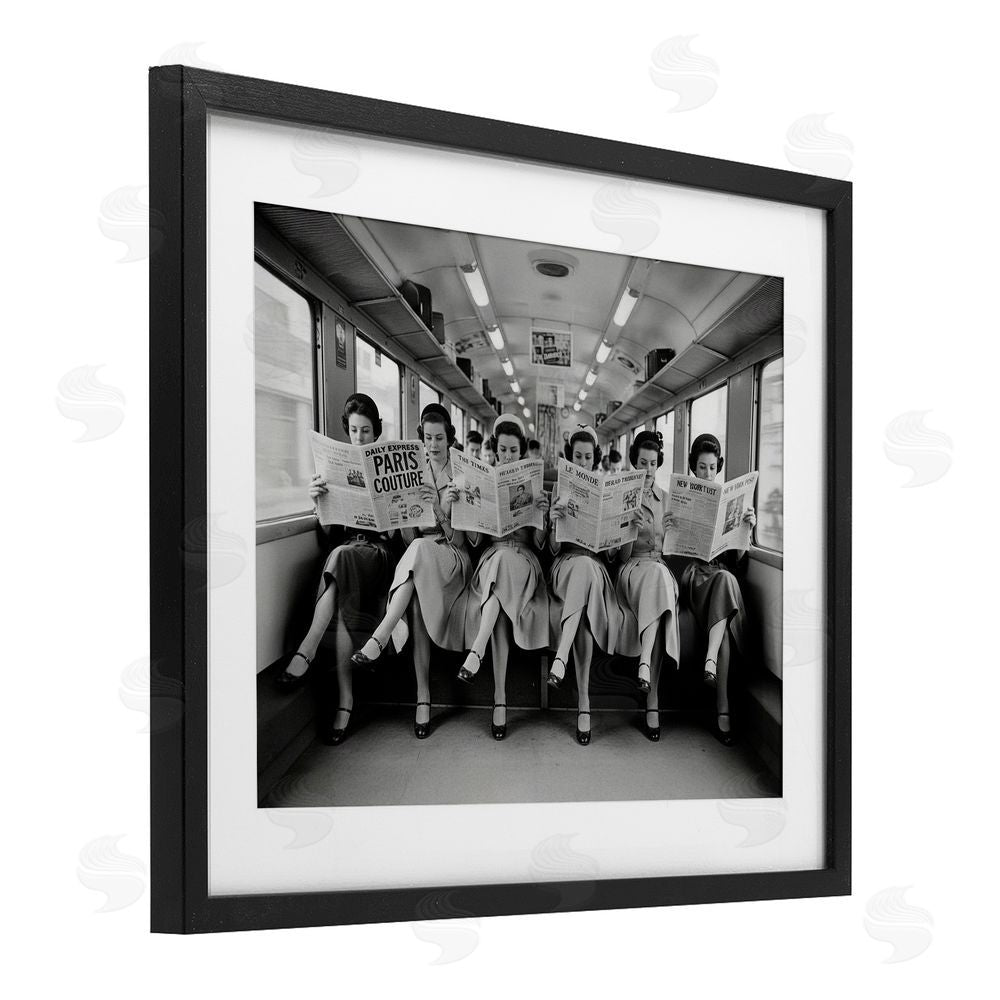 A Barefoot Stylist Newsprint Ladies on Train Black Framed Print Under Glass Wall Art