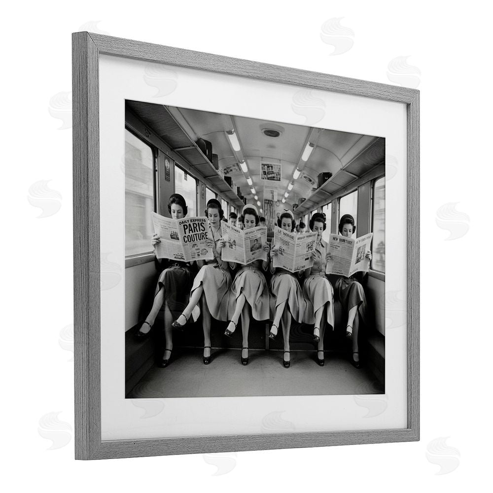 A Barefoot Stylist Newsprint Ladies on Train Gray Framed Print Under Glass Wall Art