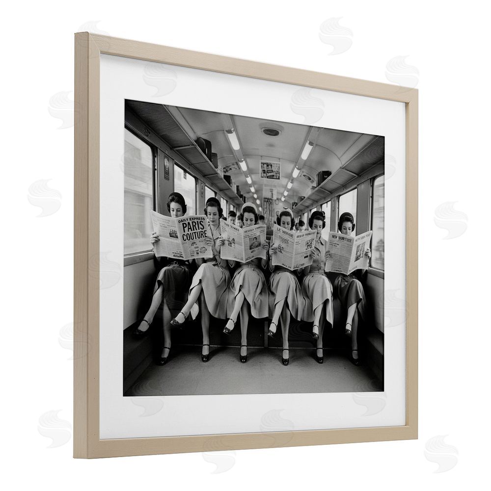 A Barefoot Stylist Newsprint Ladies on Train Birch Framed Print Under Glass Wall Art
