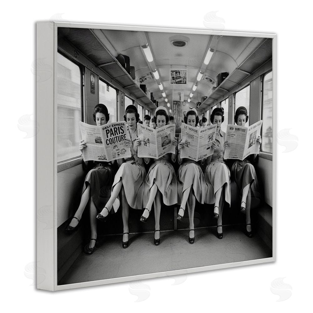 A Barefoot Stylist Newsprint Ladies on Train White Framed Giclee Wall Art Print