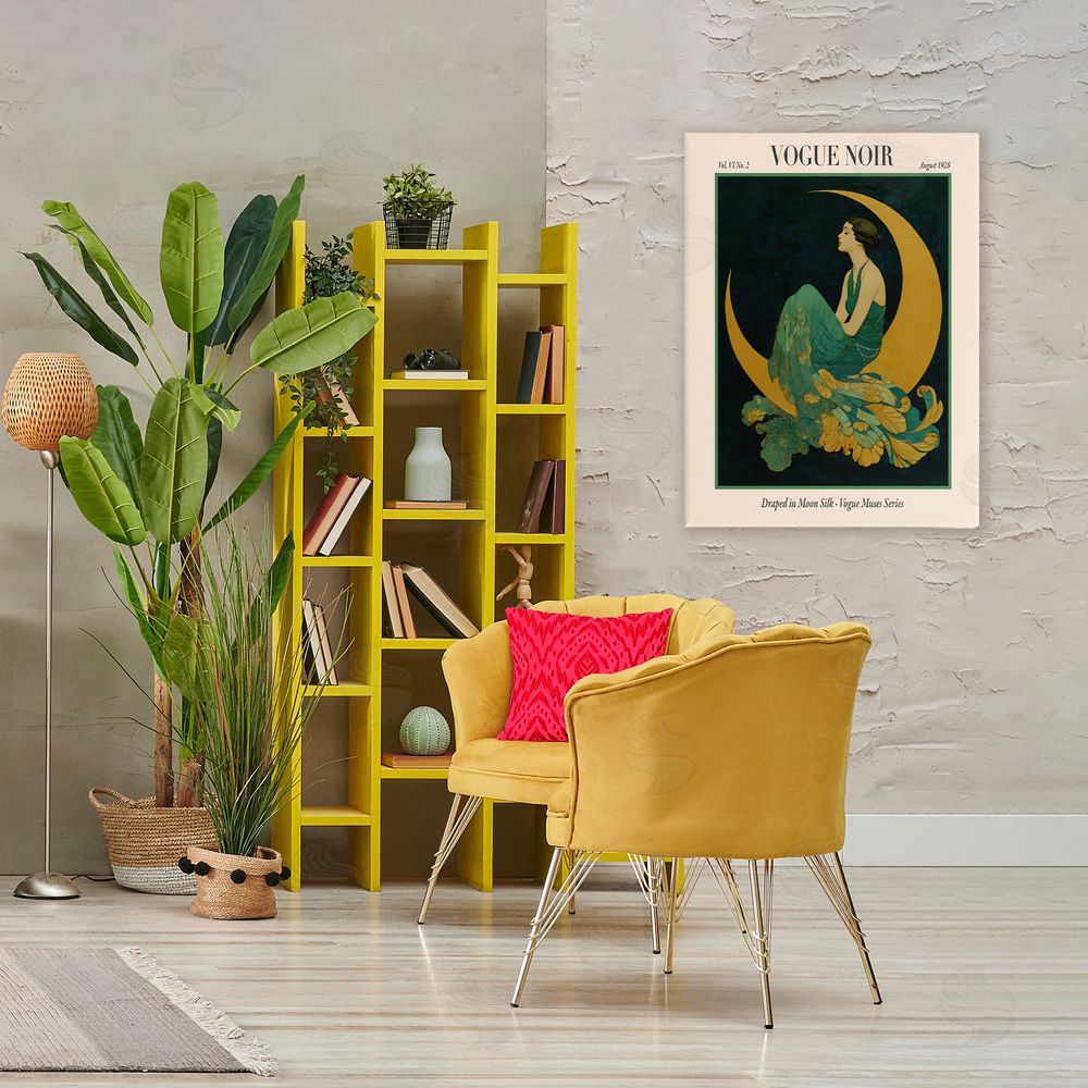 A Barefoot Stylist Draped In Moon Silk Stretched Canvas Wall Art in Room