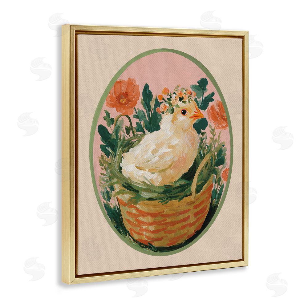Yen Bloom Nest Chick Gold Floating Frame Canvas Wall Art Print