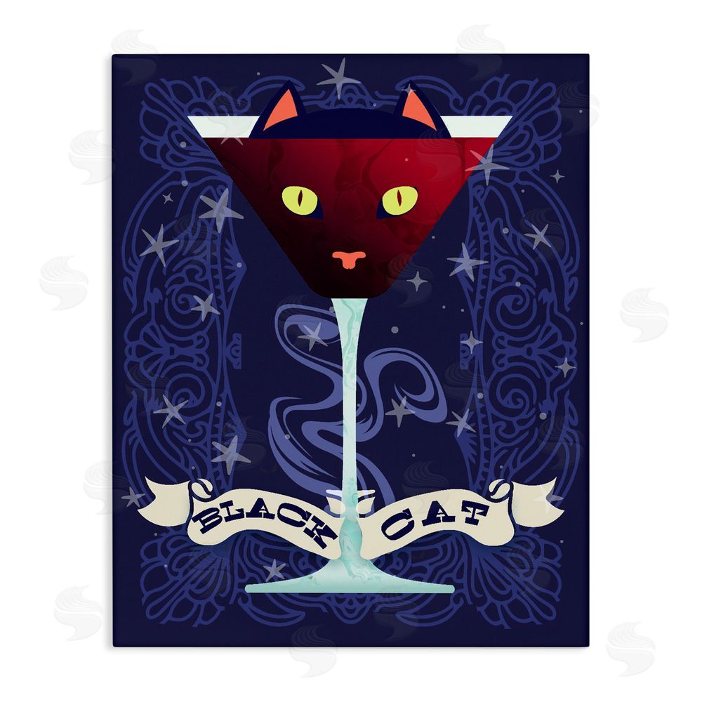 Lil' Rue Black Cat Midnight Cocktail Stretched Canvas Wall Art Print