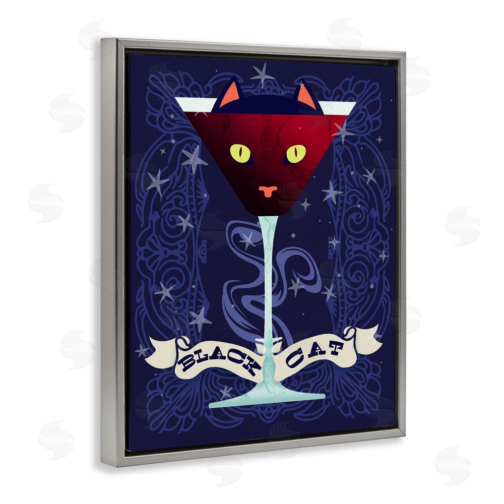 Lil' Rue Black Cat Midnight Cocktail Gray Floating Frame Canvas Wall Art Print