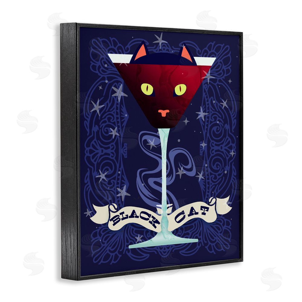 Lil' Rue Black Cat Midnight Cocktail Black Framed Giclee Wall Art Print