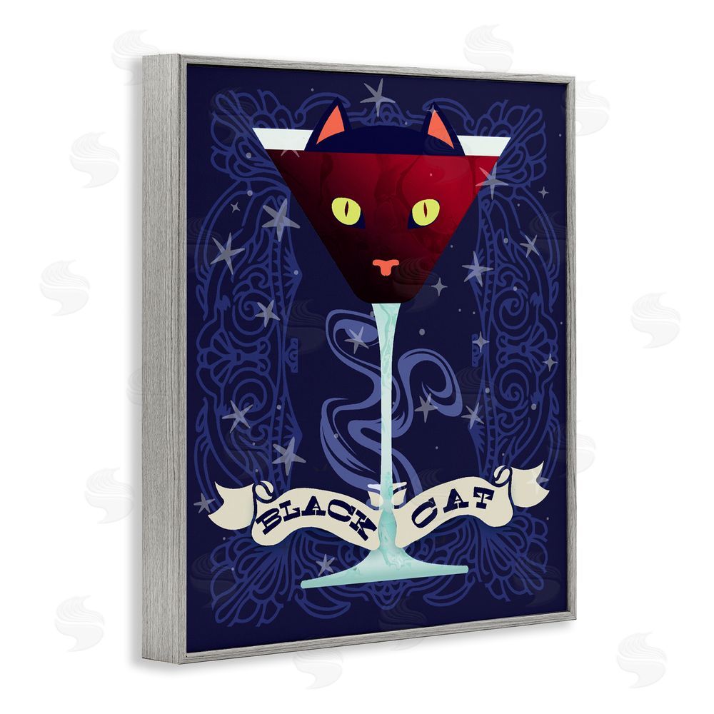 Lil' Rue Black Cat Midnight Cocktail Gray Framed Giclee Wall Art Print