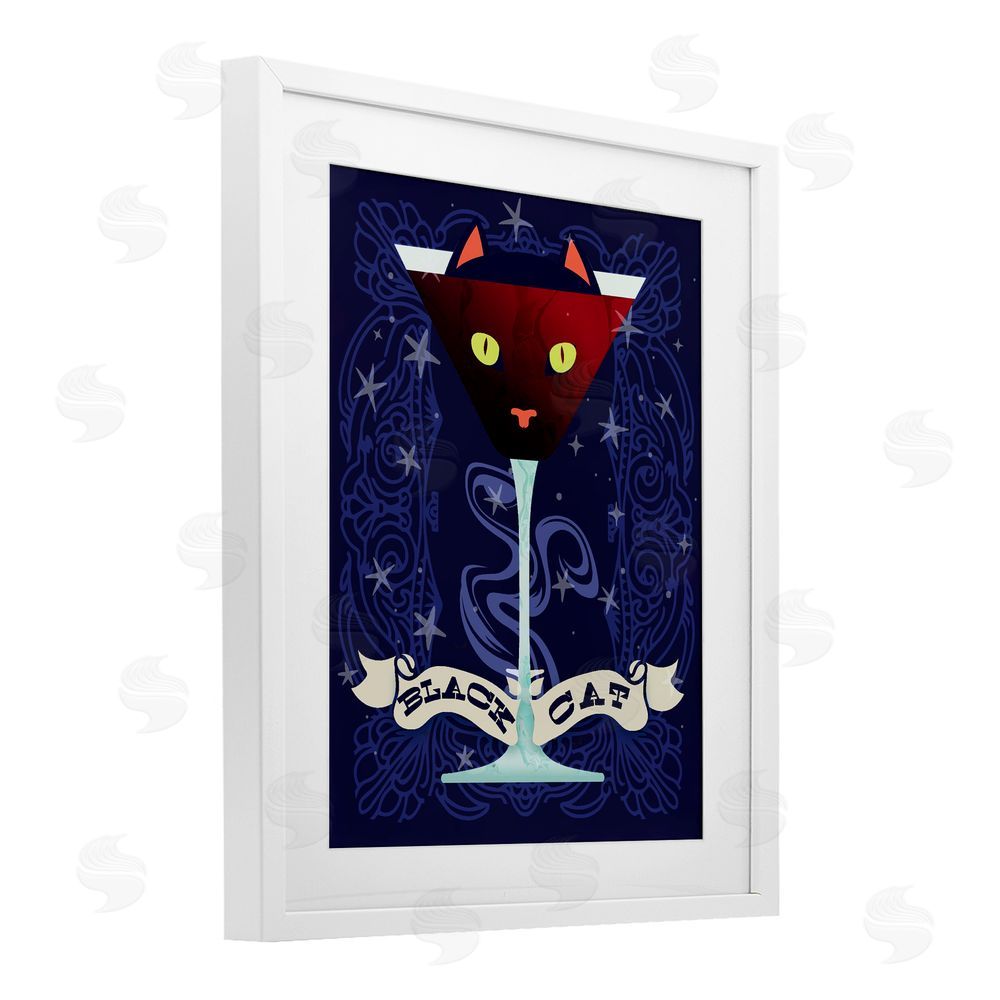 Lil' Rue Black Cat Midnight Cocktail White Framed Print Under Glass Wall Art