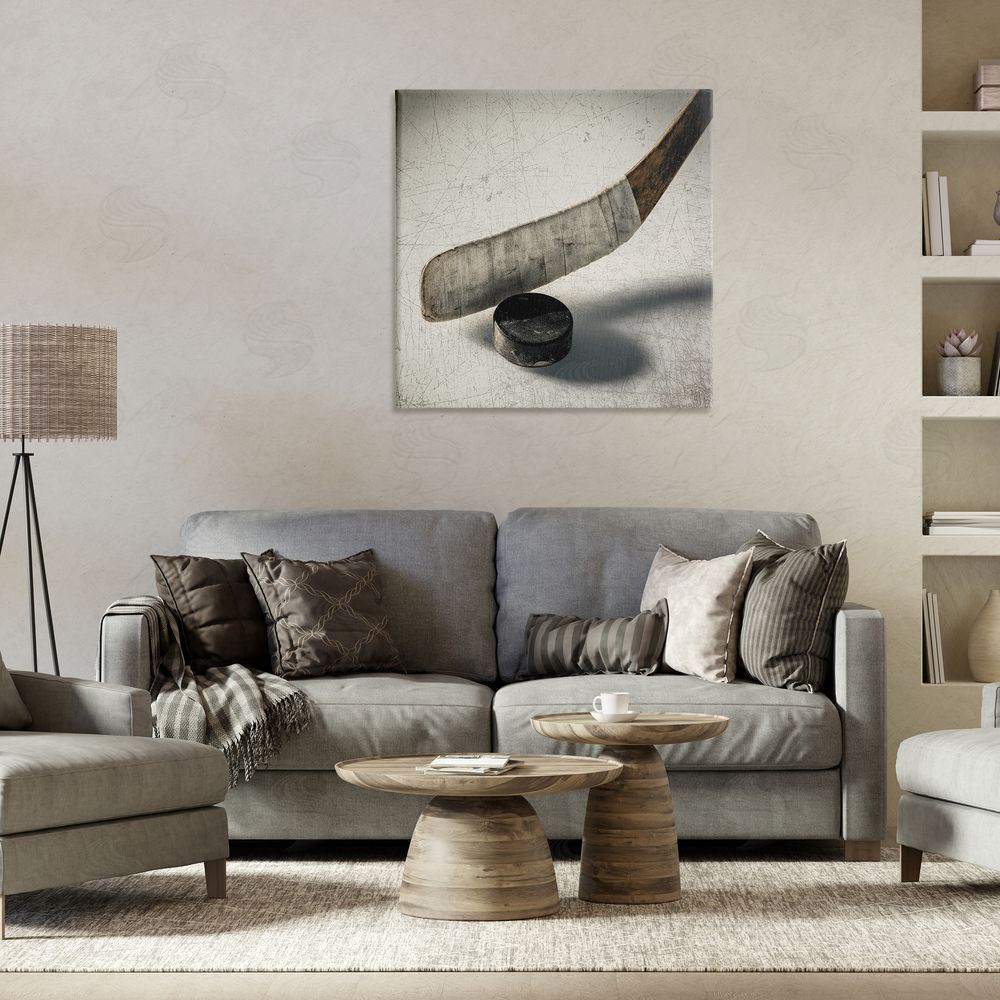 Ziwei Li Vintage Hockey Stick & Puck Stretched Canvas Wall Art in Room