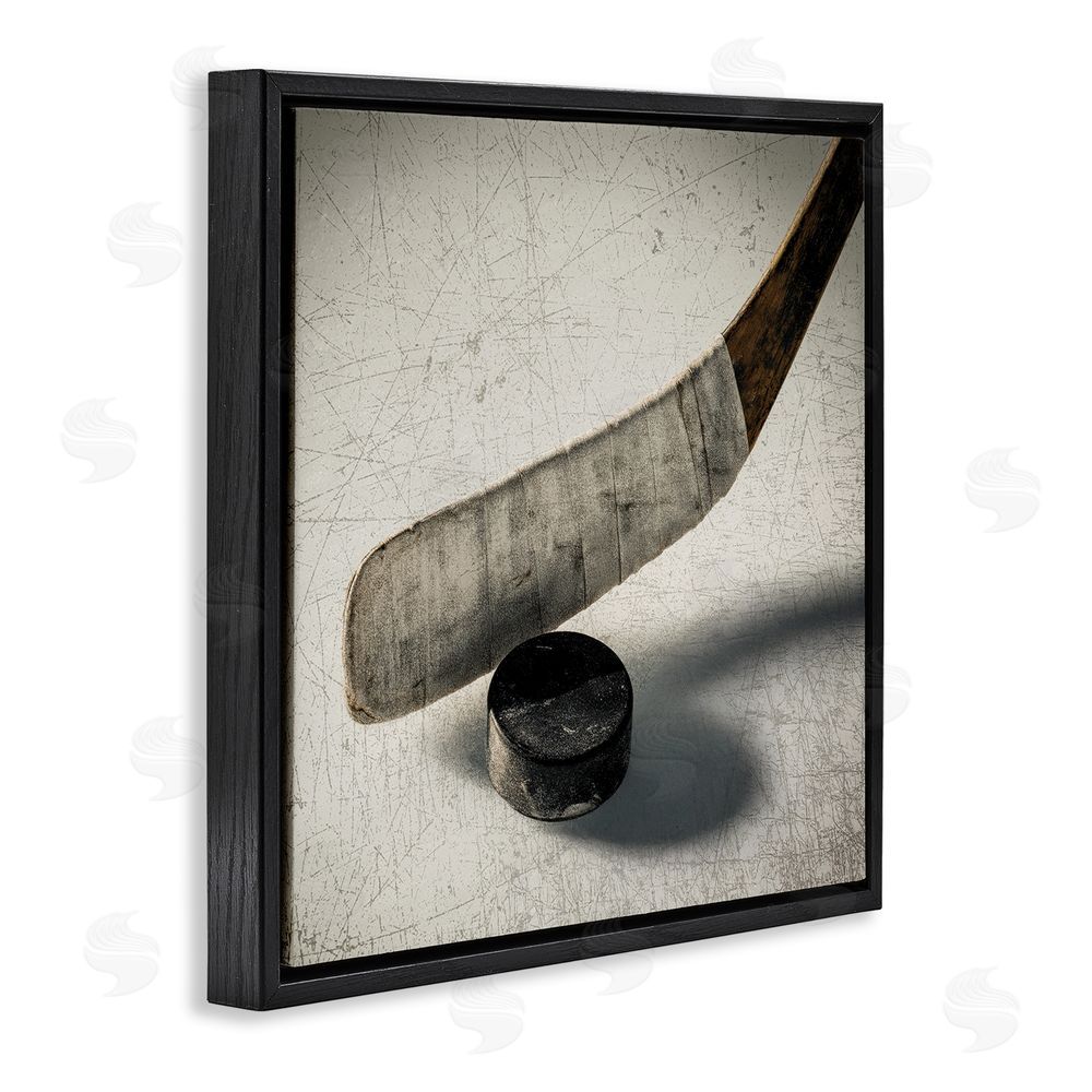 Ziwei Li Vintage Hockey Stick & Puck Black Floating Frame Canvas Wall Art Print
