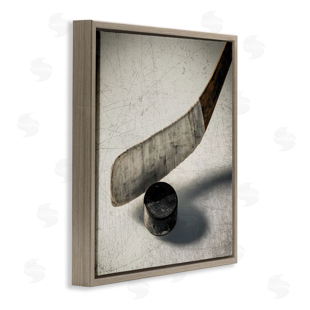 Ziwei Li Vintage Hockey Stick & Puck Brown Floating Frame Canvas Wall Art Print