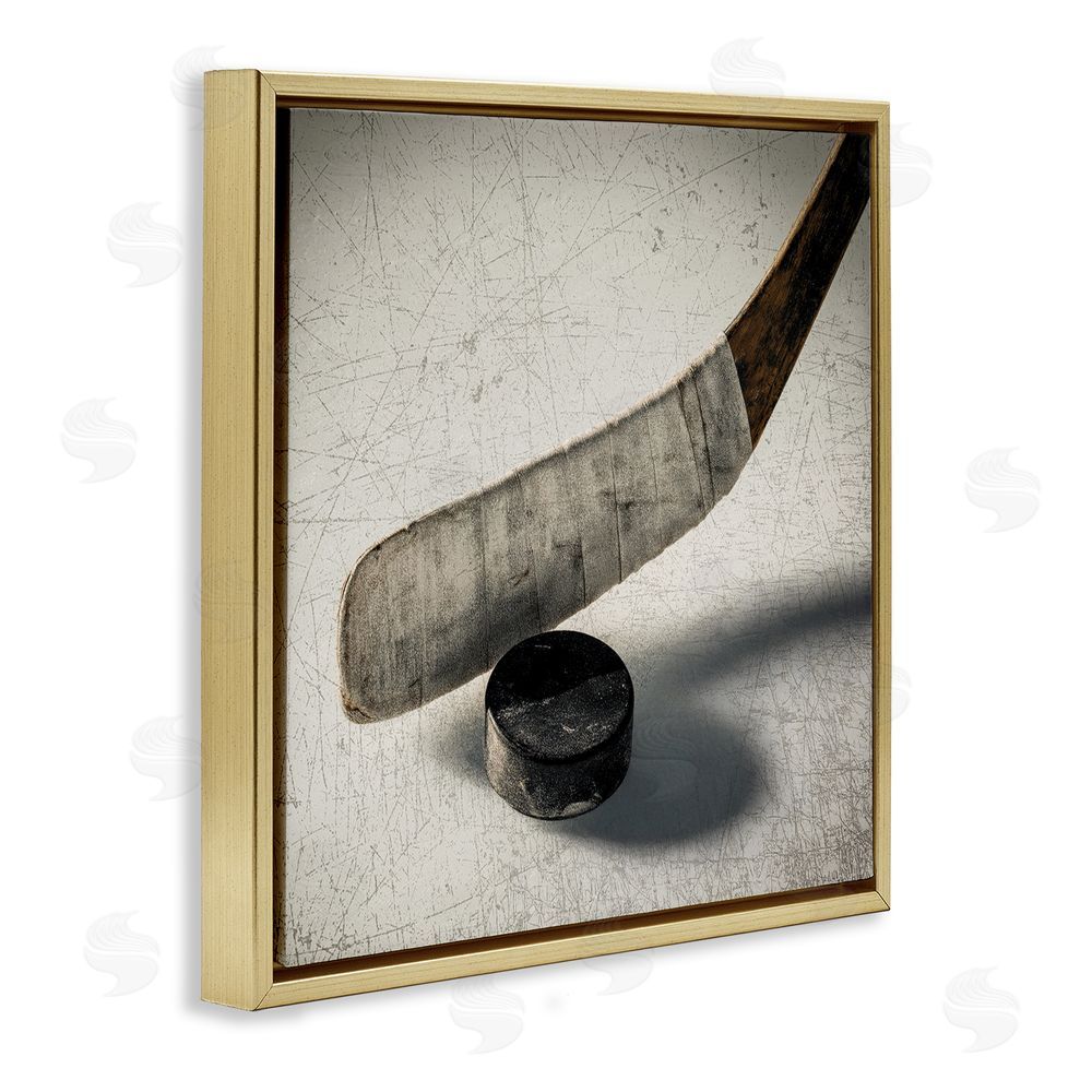 Ziwei Li Vintage Hockey Stick & Puck Gold Floating Frame Canvas Wall Art Print