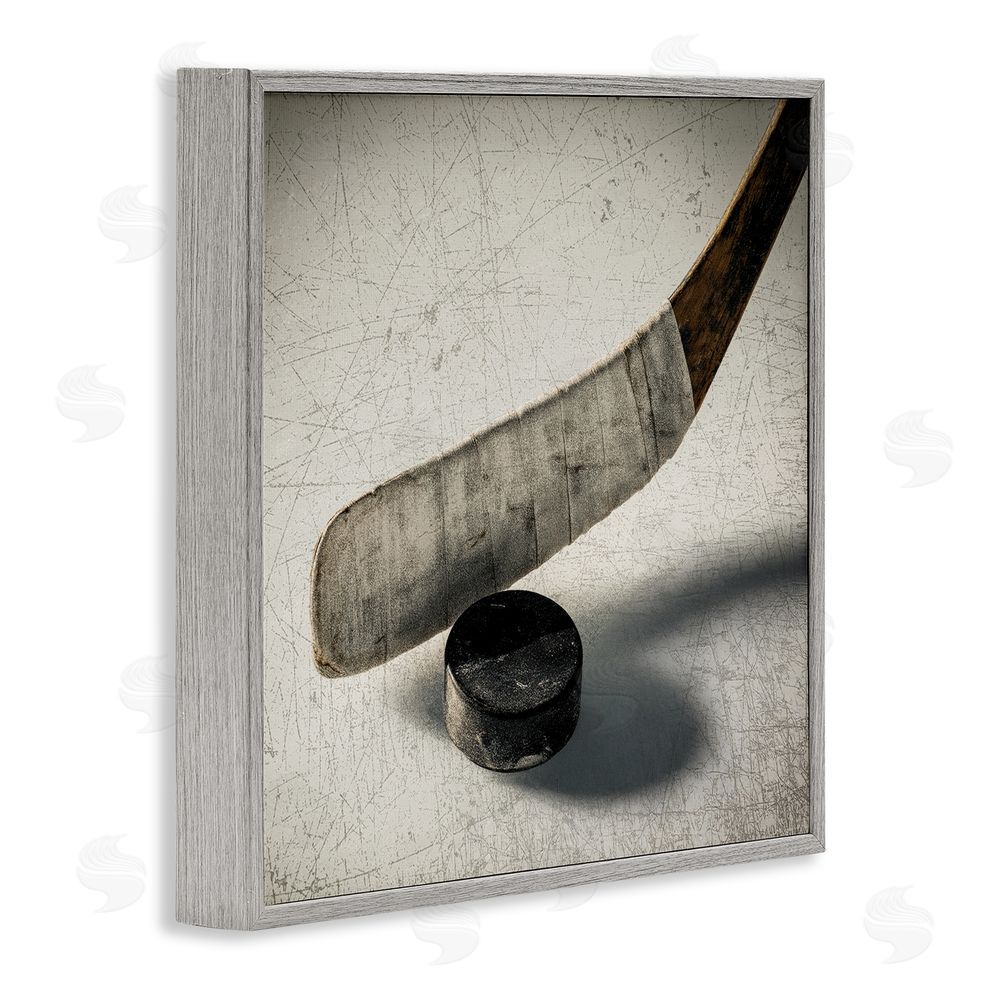 Ziwei Li Vintage Hockey Stick & Puck Gray Framed Giclee Wall Art Print
