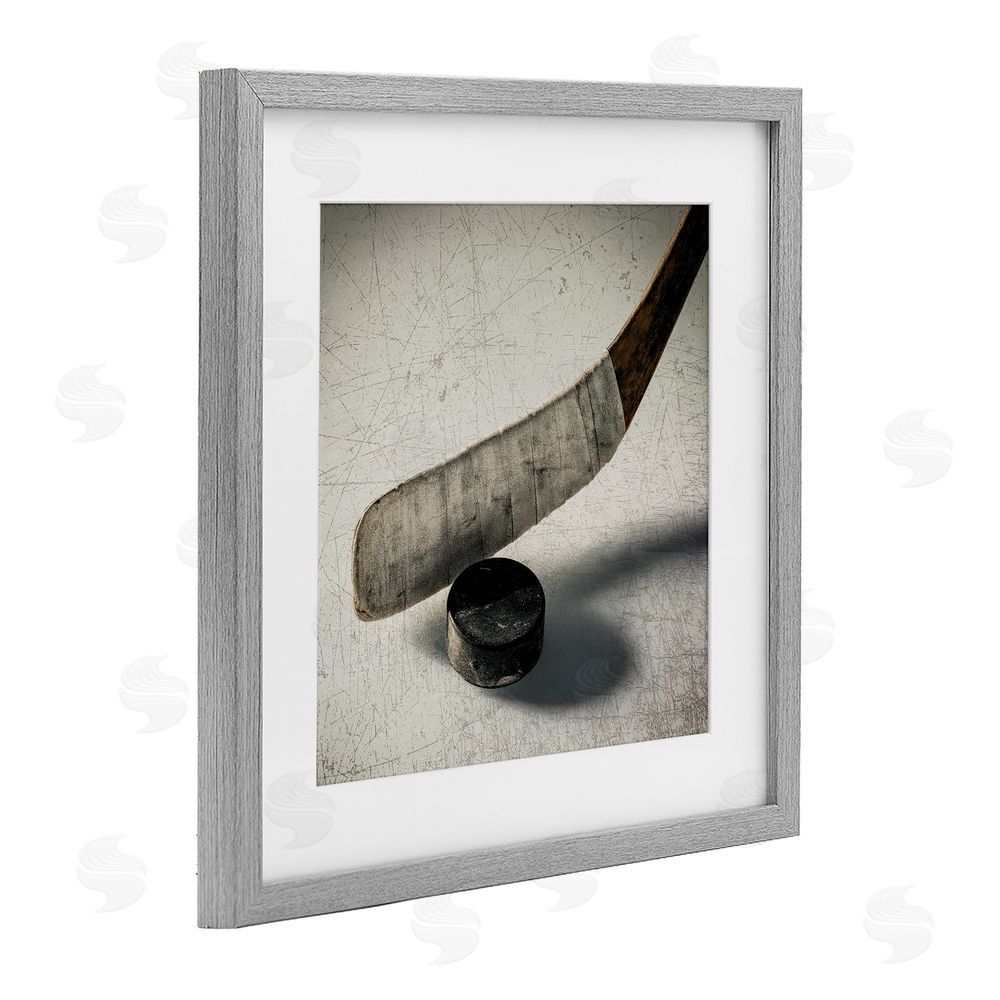 Ziwei Li Vintage Hockey Stick & Puck Gray Framed Print Under Glass Wall Art