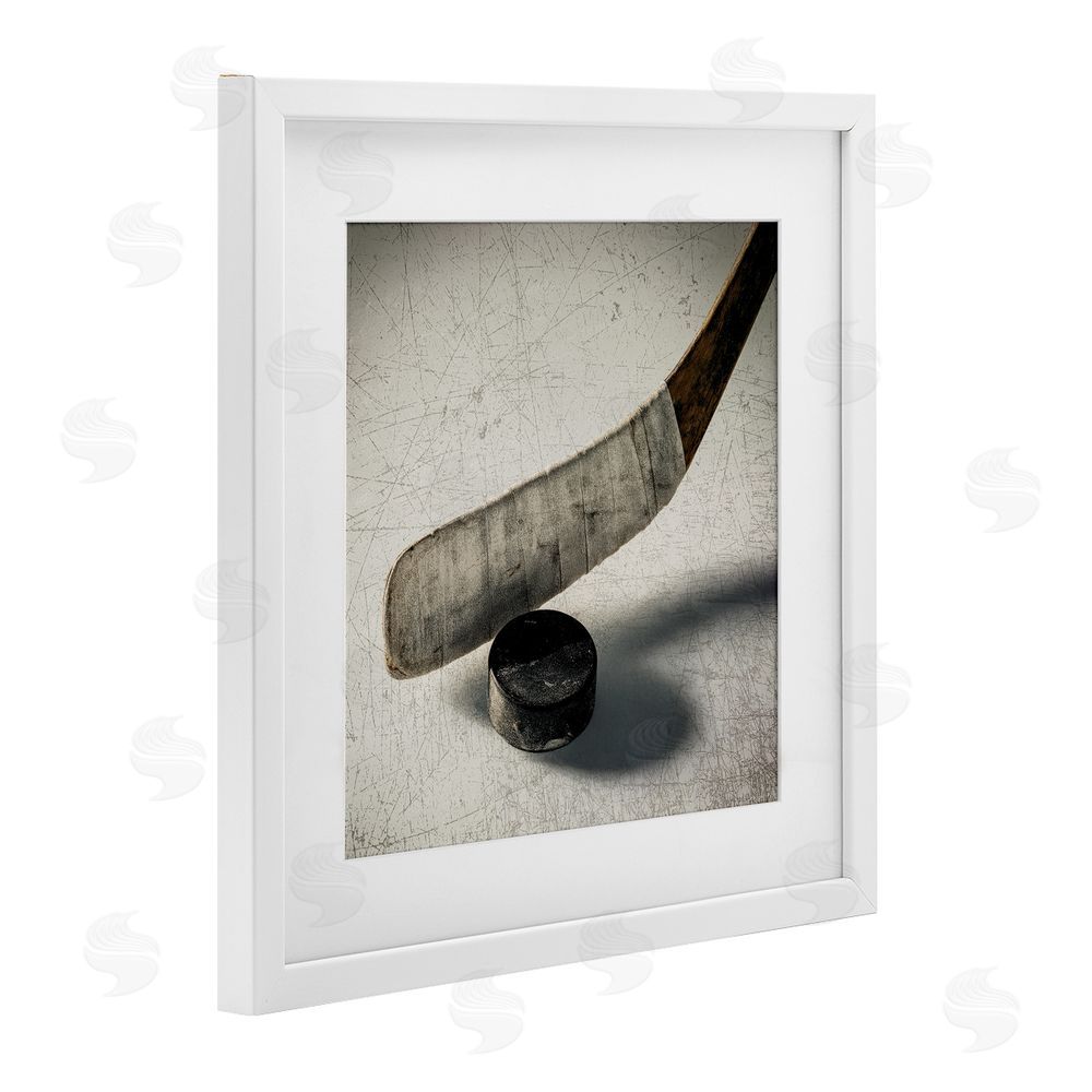 Ziwei Li Vintage Hockey Stick & Puck White Framed Print Under Glass Wall Art