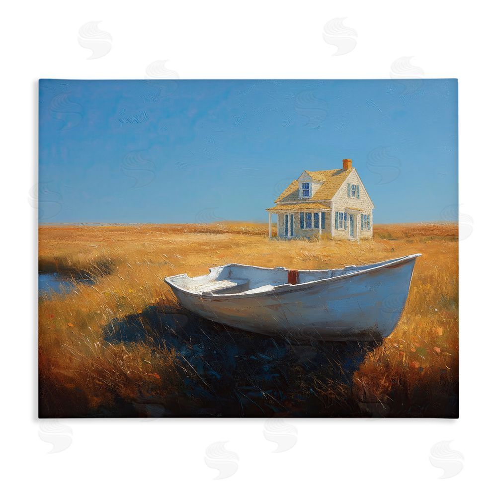 Ziwei Li Seaside Cottage & White Rowboat Stretched Canvas Wall Art Print