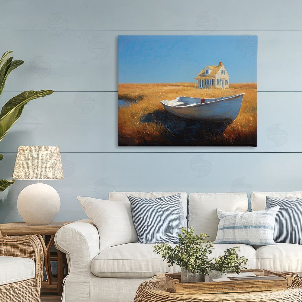 Ziwei Li Seaside Cottage & White Rowboat Stretched Canvas Wall Art in Room