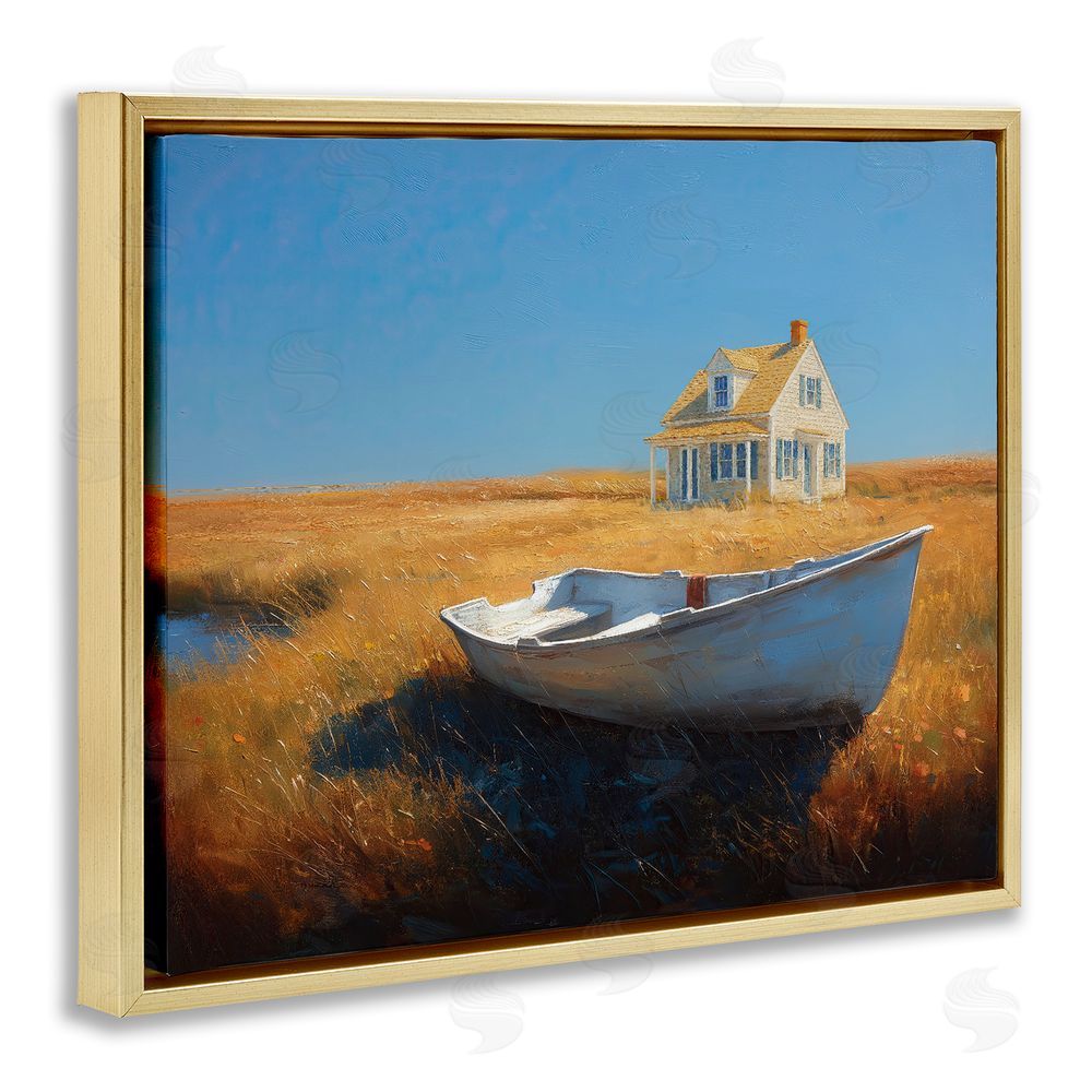 Ziwei Li Seaside Cottage & White Rowboat Gold Floating Frame Canvas Wall Art Print