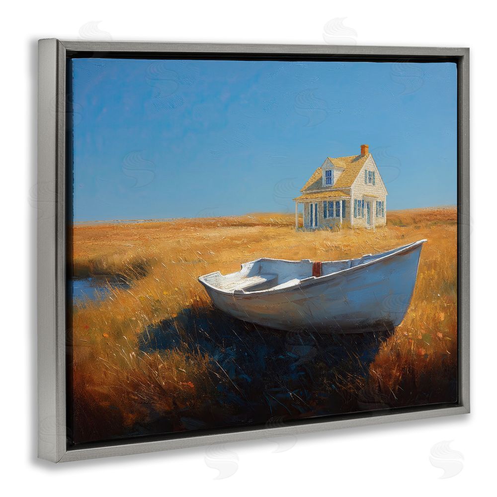 Ziwei Li Seaside Cottage & White Rowboat Gray Floating Frame Canvas Wall Art Print