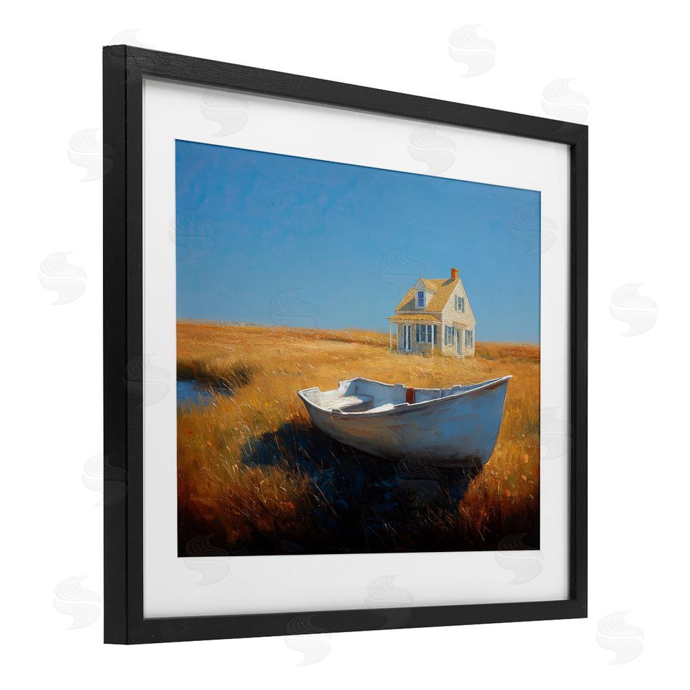 Ziwei Li Seaside Cottage & White Rowboat Black Framed Print Under Glass Wall Art