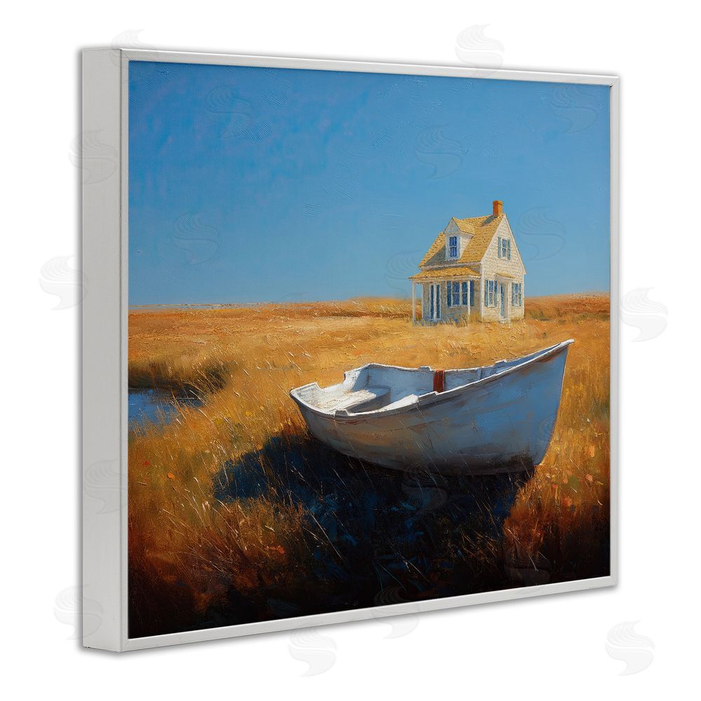 Ziwei Li Seaside Cottage & White Rowboat White Framed Giclee Wall Art Print