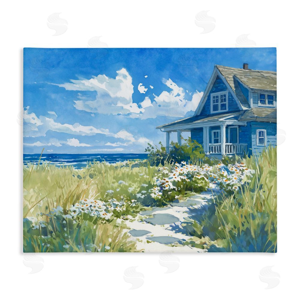 Ziwei Li Seaside Cottage with Daisies Stretched Canvas Wall Art Print