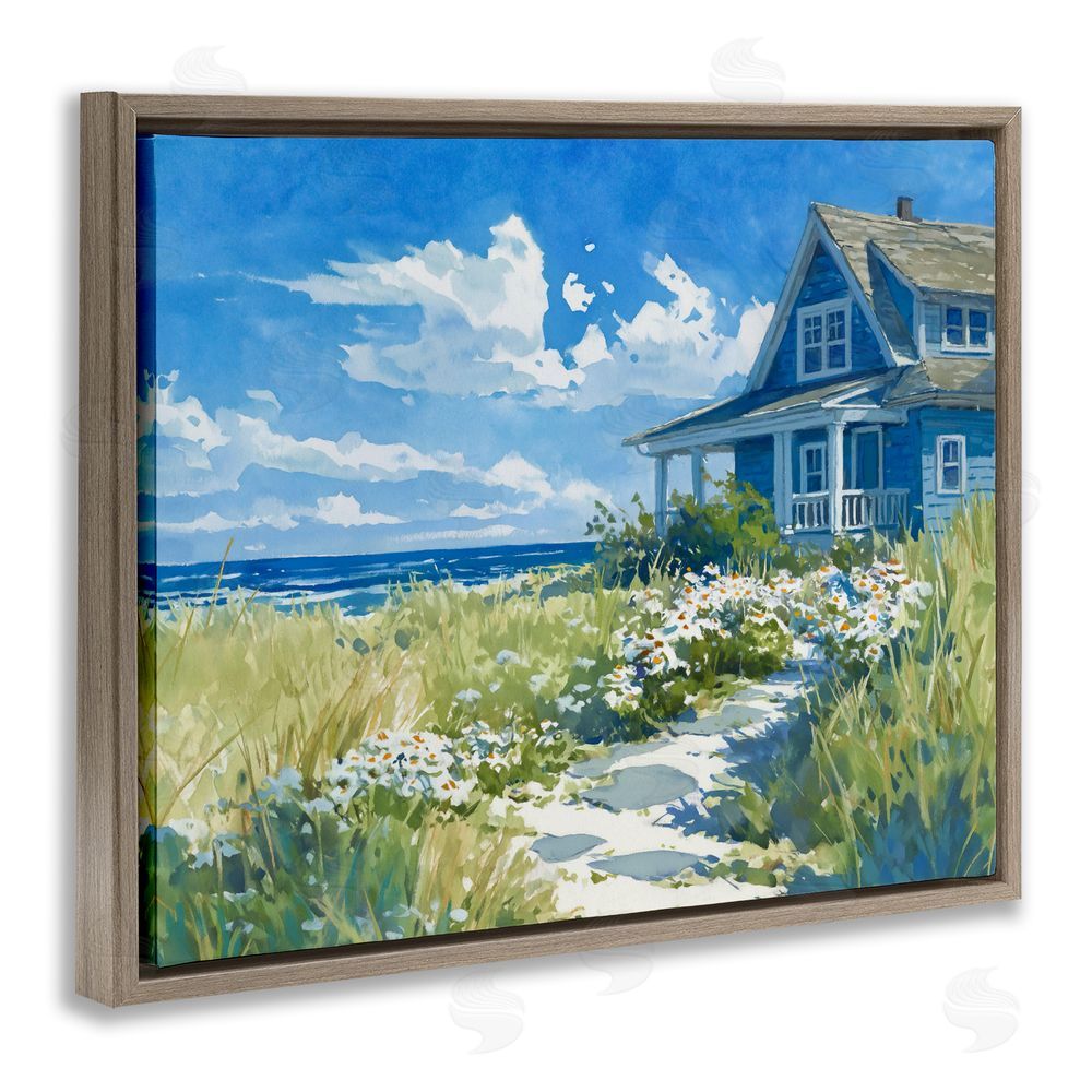 Ziwei Li Seaside Cottage with Daisies Brown Floating Frame Canvas Wall Art Print