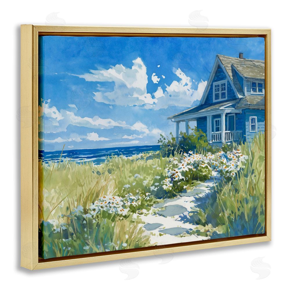 Ziwei Li Seaside Cottage with Daisies Gold Floating Frame Canvas Wall Art Print