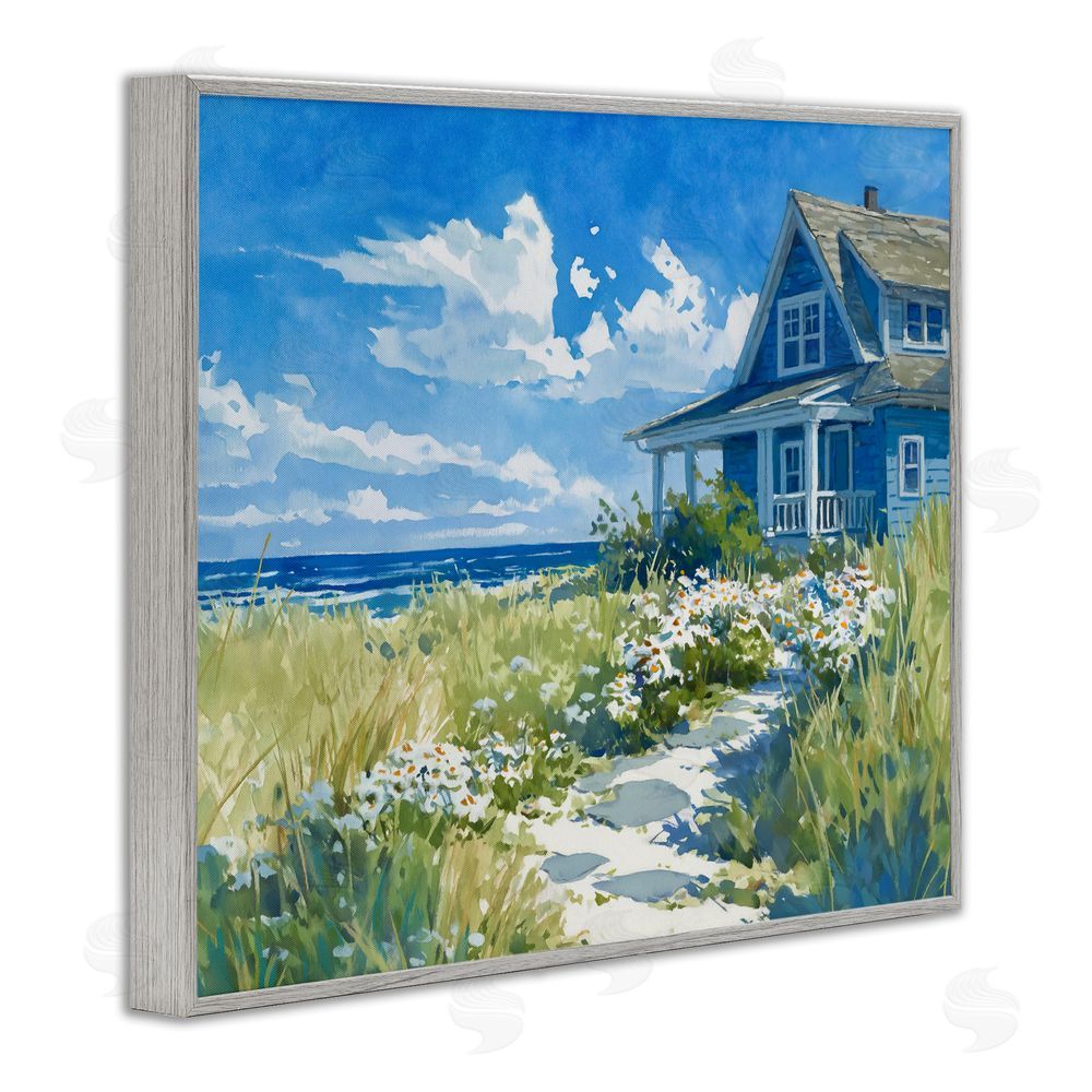 Ziwei Li Seaside Cottage with Daisies Gray Framed Giclee Wall Art Print