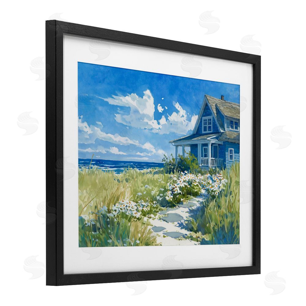 Ziwei Li Seaside Cottage with Daisies Black Framed Print Under Glass Wall Art