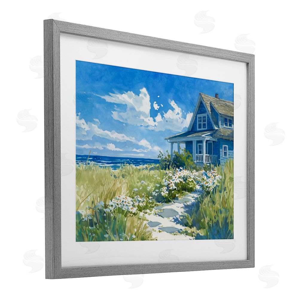 Ziwei Li Seaside Cottage with Daisies Gray Framed Print Under Glass Wall Art