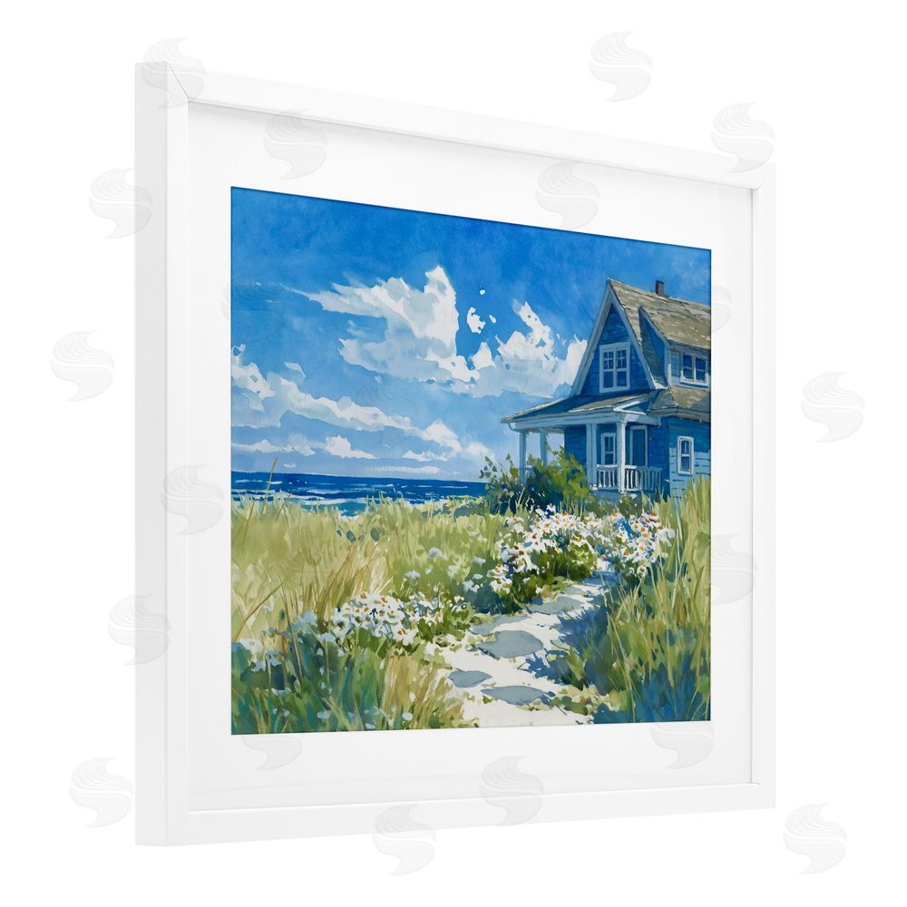 Ziwei Li Seaside Cottage with Daisies White Framed Print Under Glass Wall Art