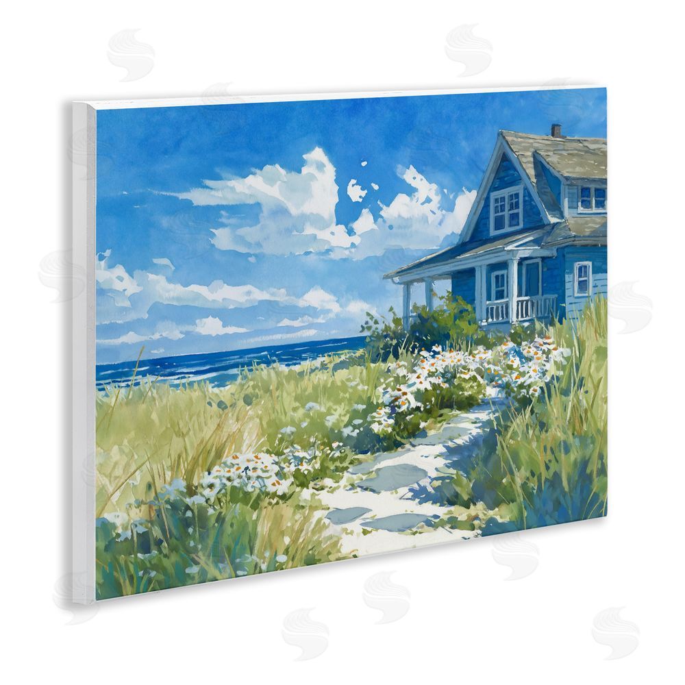 Ziwei Li Seaside Cottage with Daisies Wooden Wall Plaque Art Print