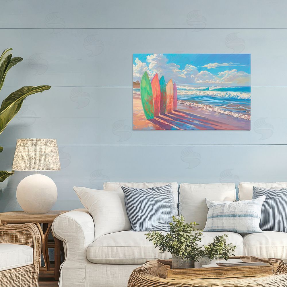 Ziwei Li Sunlit Surfboards by Shore Stretched Canvas Wall Art in Room